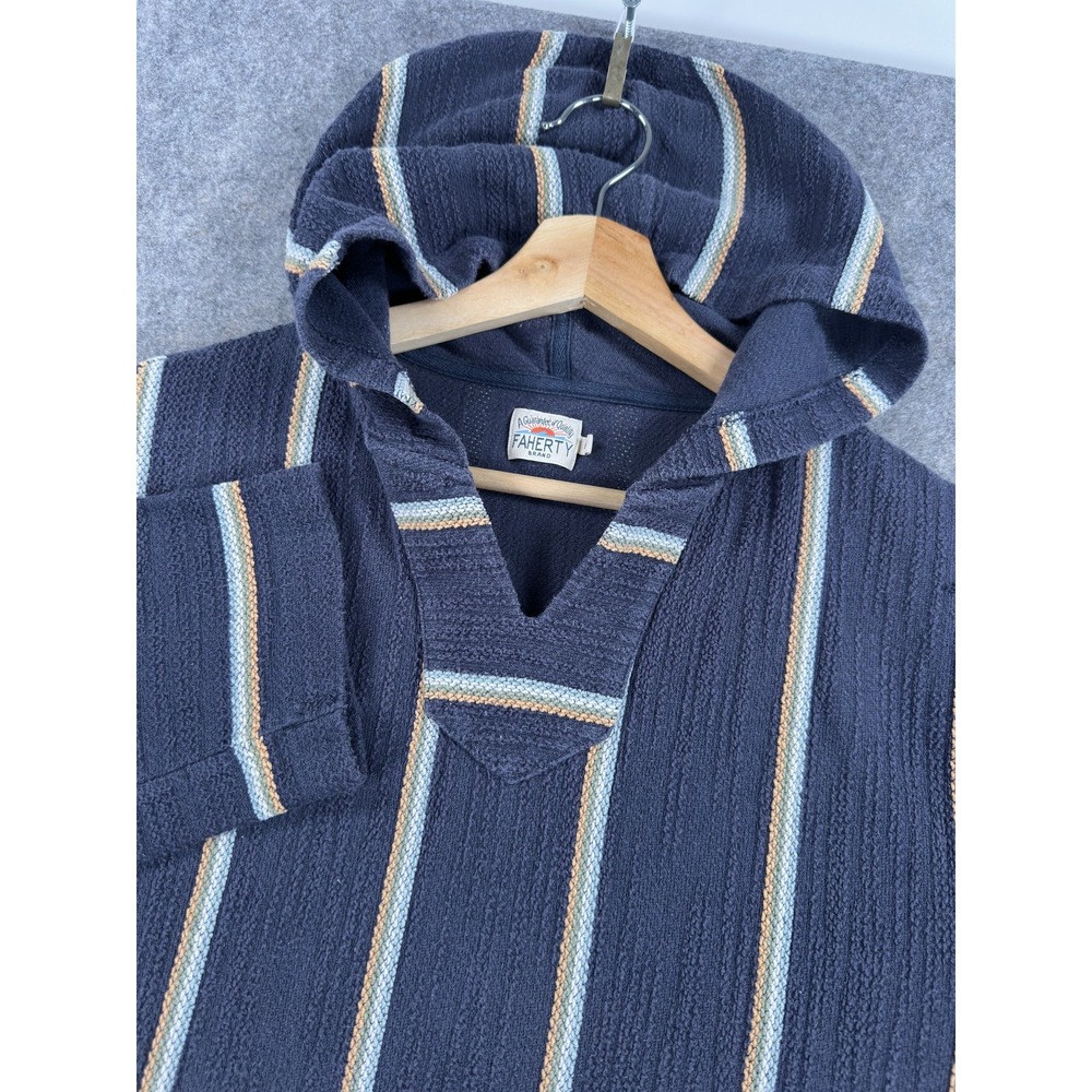 Faherty Brand Baja Hoodie Mens Large Blue Striped Cotton Knit Pullover
